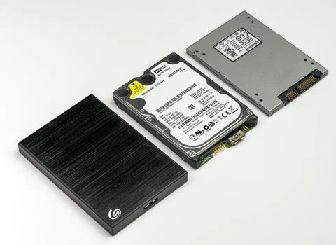 Three type of Data Storage, Harddisk, SSD devices for Computer isolated on wh Stock Photos