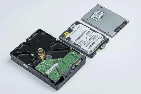 Three type of Data Storage, Harddisk, SSD devices for Computer isolated on wh Stock Photos