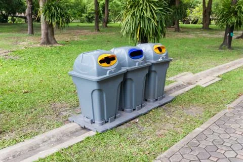 Three type recycling bin for each type of waste in the public park Foto stock