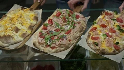 Three Types Of Appetizing Pizza. It Is Taken At Same Time. Pizza On Wooden Trays 스톡 동영상 172321382