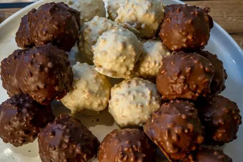 Three types of chocolate on the white background. Macro close of french Stock Photos