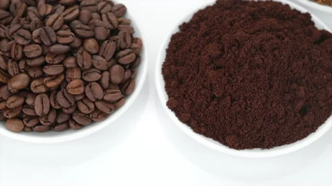 Three types of coffee - beans, ground and instant, rotation on white background 스톡 동영상 153854819