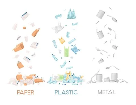 Three types of garbage paper plastic and metal waste vector illustration on Stock Illustration