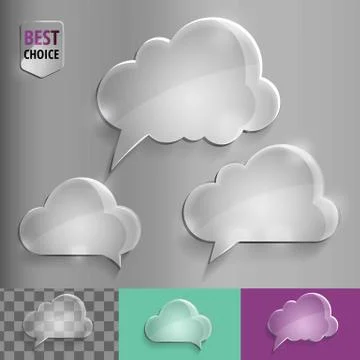 Three types of glass speech bubble cloud icons with soft shadow on gradient Stock Illustration