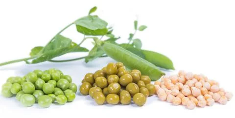 Three types of green peas - raw, canned and dry Stock Photos