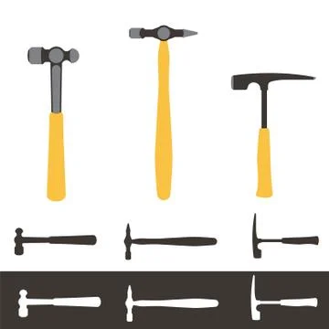 Three types of hammers. Brick, ball pein and cross-straight peen. Stock Illustration