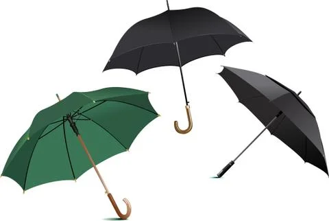 Three types of opened green rain umbrella. Vector illustration Stock Illustration