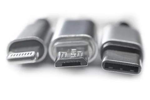 Three types of peripheral  cables connectors for charging or data. Concept EU Stock Photos