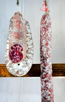 Three types of salami Stock Photos