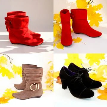 Three types of suede short ankle boots - red, black, beige. Black stiletto Stock Photos