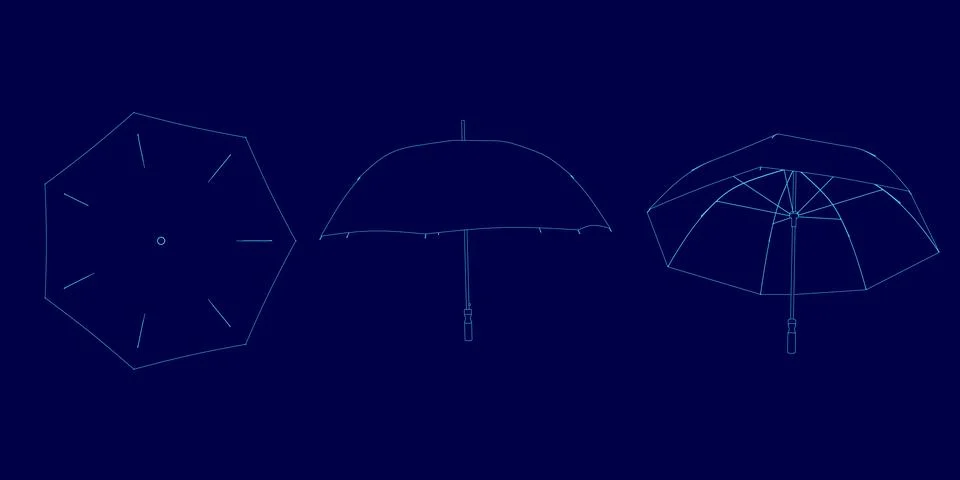 Three umbrellas are shown in different positions. The umbrellas are all blue and Stock Illustration