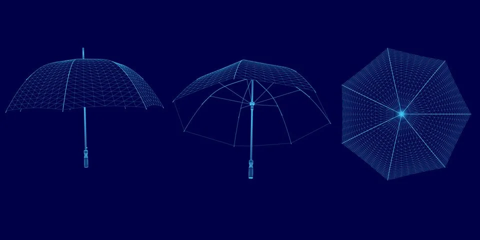 Three umbrellas are shown in different positions, with one being upside down. Stock Illustration