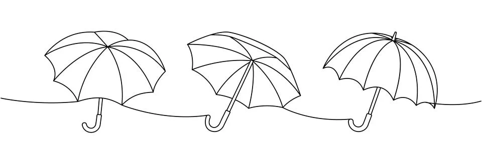 Three umbrellas in outline style connected by a curved line. Minimal modern Stock Illustration