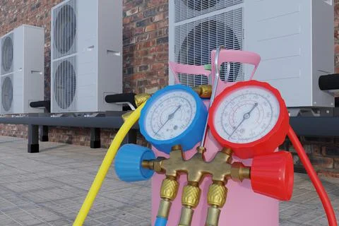 Three units of air conditioning freon filling and pressure gauges 3d Stock Photos