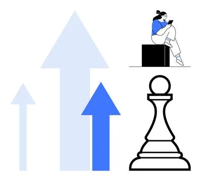 Three upward arrows, a chess pawn, and person seated using tablet. Ideal for  Illustrazione stock