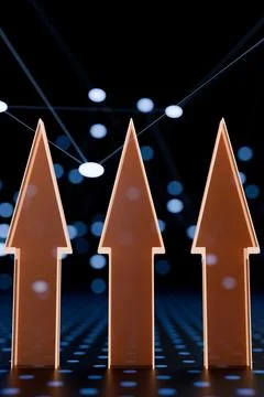 Three upward arrows with a digital network background. Illustrazione stock