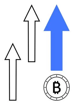 Three upward arrows, including one blue, next to a bitcoin symbol in a circle 스톡 일러스트