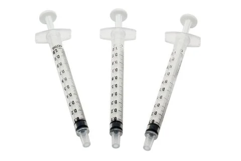 Three used syringes without needle isolated on white background front view Stock Photos