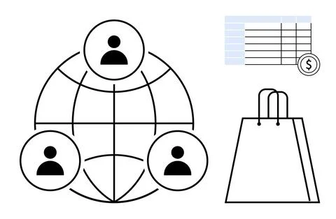 Three user icons connected globally, shopping bag, and financial spreadsheet  Stock Illustration