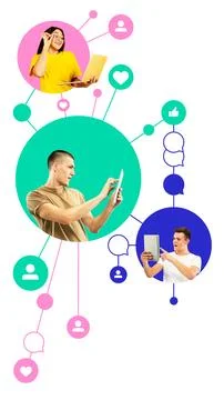 Three users actively participating in digital communication through smartphones Stock Photos