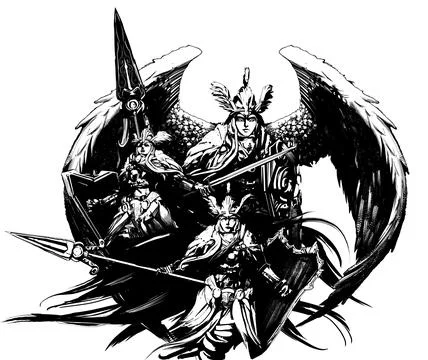 Three Valkyries with spears and shields in a dynamic composition Stock Illustration