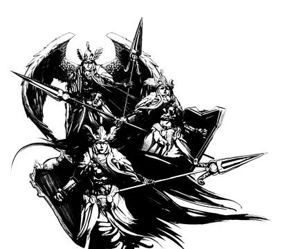Three Valkyries with spears and shields in a dynamic composition Stock Illustration