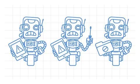 Three variants robot character holding tablet screwdriver folder scribble Illustrazione stock
