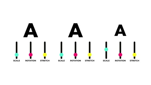 Three variations of a letter A transformed by interactive UI sliders for scale Stock Footage 307640498