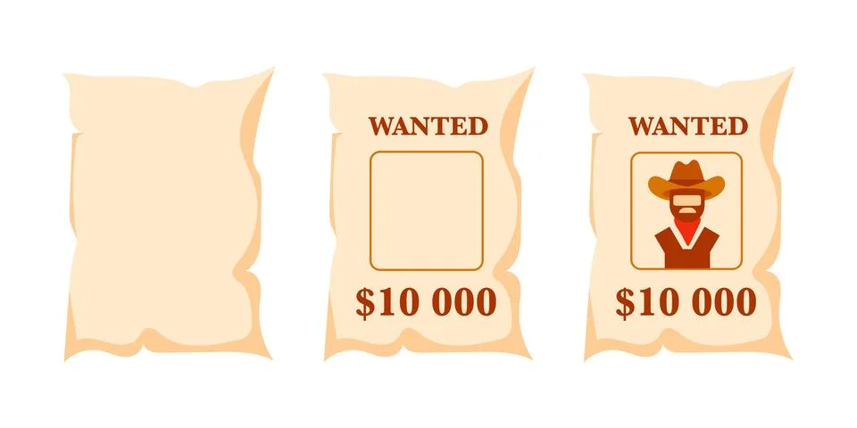 Three variations of a wanted poster template, featuring a cowboy character and Stock-Illustration