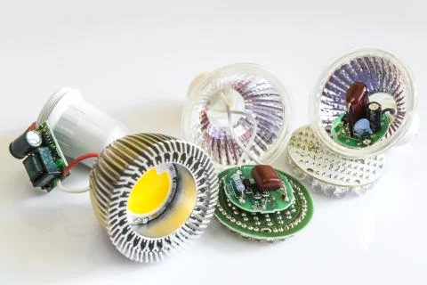 Three various electronics in the GU10 LED light bulbs Stock-Fotos