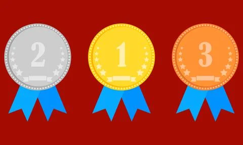 Three vector award medals for first second and third place with blue ribbon. Stock Illustration