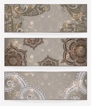 Three vector banners with paisley pattern and place for your text on  grungy  Stock Illustration