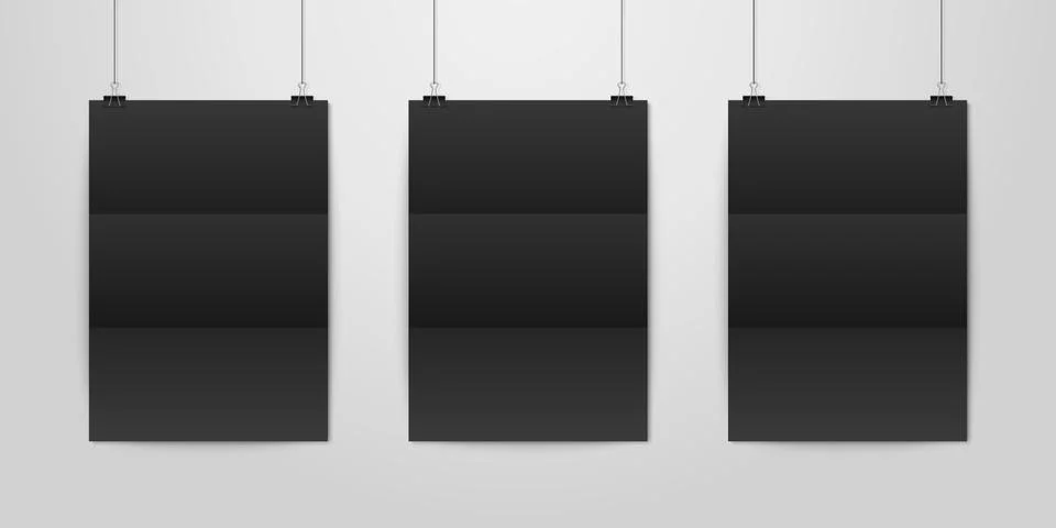 Three Vector Realistic Black Blank Vertical A4 Folded Paper Poster Hanging on a Stock Illustration