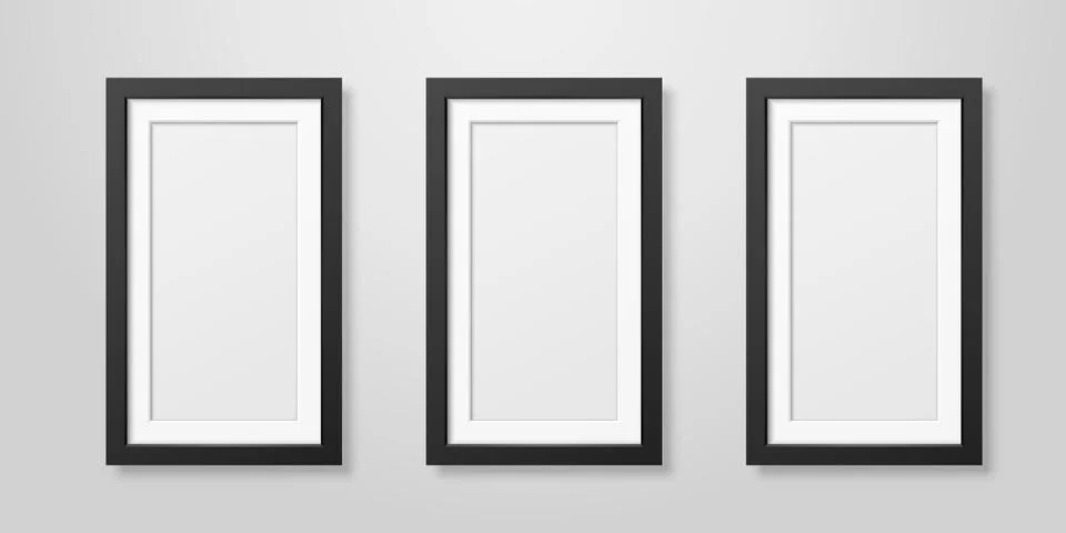 Three Vector Realistic Modern Interior Black Blank Vertical Wooden Poster Illustrazione stock