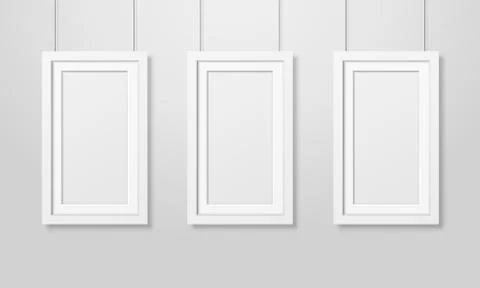 Three Vector Realistic Modern Interior White Blank Wooden Poster Picture Frame Stock Illustration