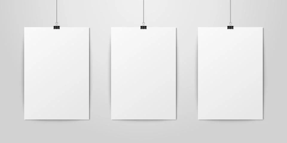 Three Vector Realistic White Blank Vertical A4 Paper Poster Hanging on a Rope Illustrazione stock