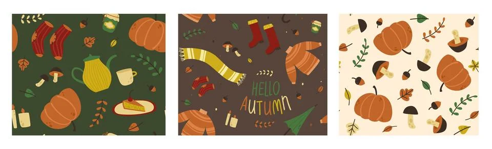 Three vector seamless patterns on the theme of autumn. Subject illustration: Stock Illustration