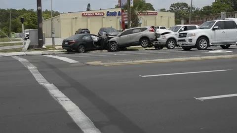 Three Vehicle accident on Main Road with Emergency Vehicles Involved. Collision Stock Footage 310027632