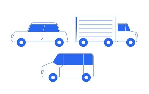 Three vehicles side view 2D line objects set Stockillustratie