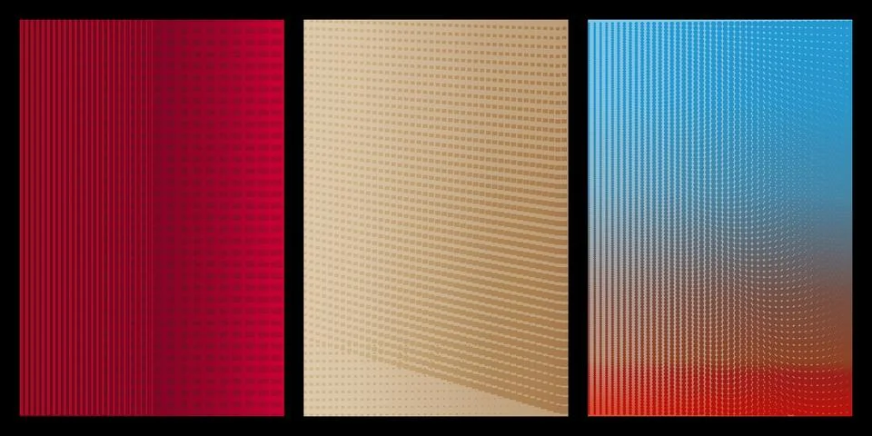 Three vertical abstract panels featuring geometric halftone dot and line patt イラスト素材