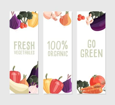 Three vertical banner templates with fresh organic vegetables Stock Illustration