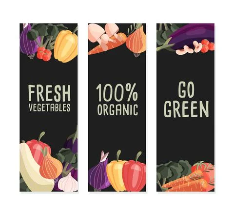Three vertical banner templates with fresh organic vegetables Stock Illustration