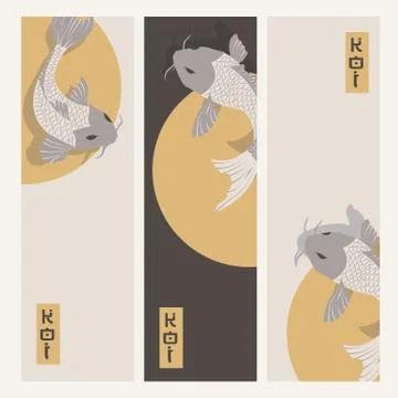 Three vertical banners with carp koi fish swimming around Sun Stock Illustration