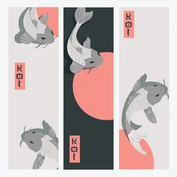 Three vertical banners with carp koi fish swimming around Sun Stock Illustration