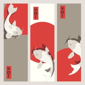 Three vertical banners with carp koi fish swimming around Sun Illustrazione stock