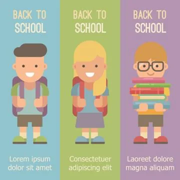 Three vertical banners with schoolchildren with backpacks. Back to school Illustrazione stock