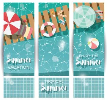 Three vertical banners with swimming pool, top view, tropical summer time 스톡 일러스트