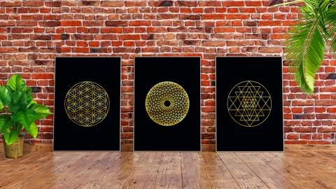 Three vertical frame mockup 3d render design on red brick wall with plants. 库存插图