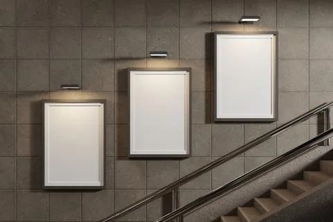 Three vertical frame mockups on wall next to staircase Stock Illustration