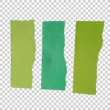 Three vertical green paper strips with torn edges isolated on a plain surface Foto stock